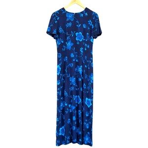 Vintage 90s DONNA RICCO Size 4 Navy Blue Floral Short Sleeve Back Zip Midi Dress